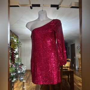 Betsey Johnson Women’s Fuchsia Sequin One-Shoulder Dress Size XL